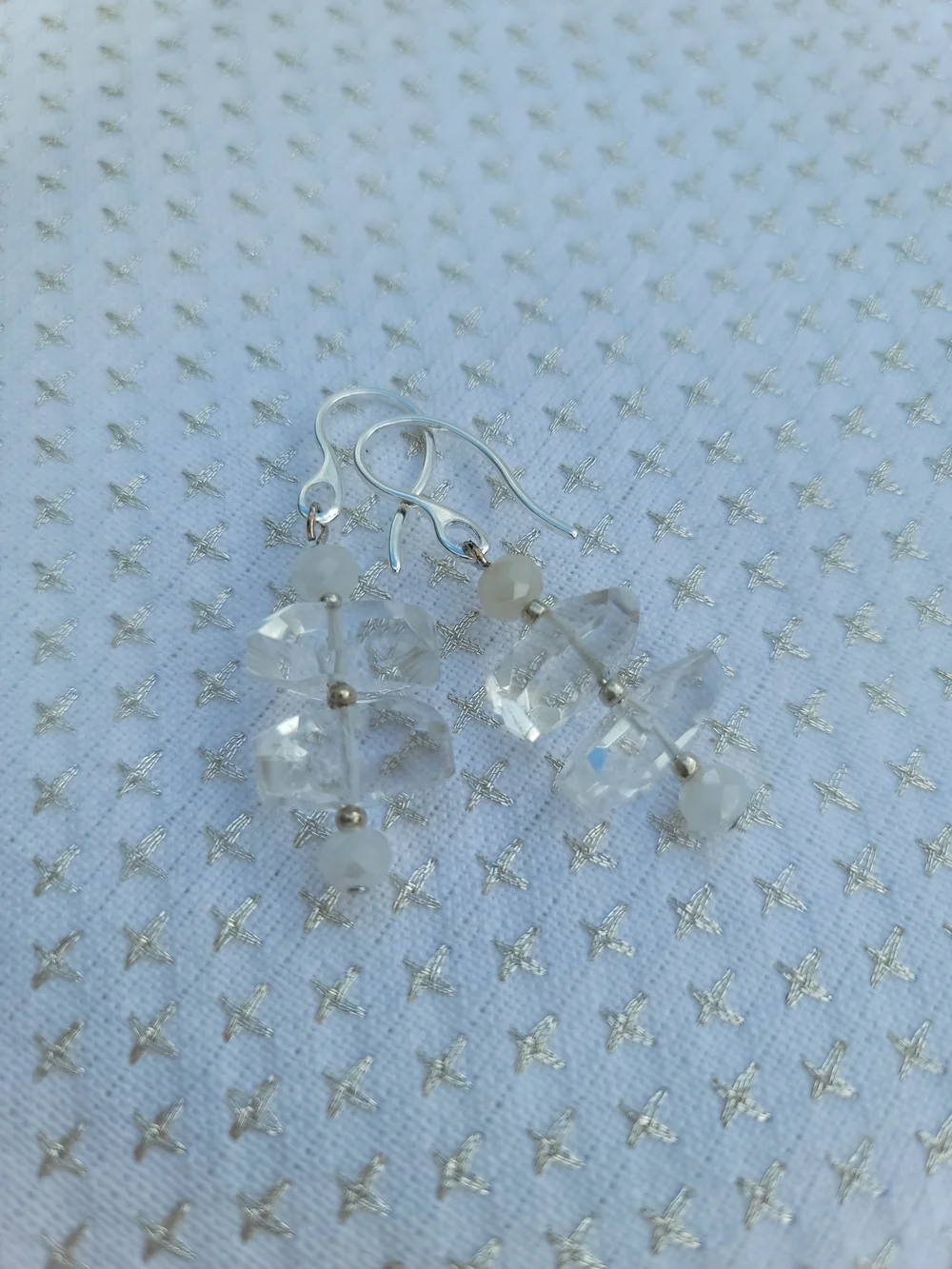 Handmade Clear Crystal & White Faceted Bead Dangle Earrings Silver Hooks Bridal